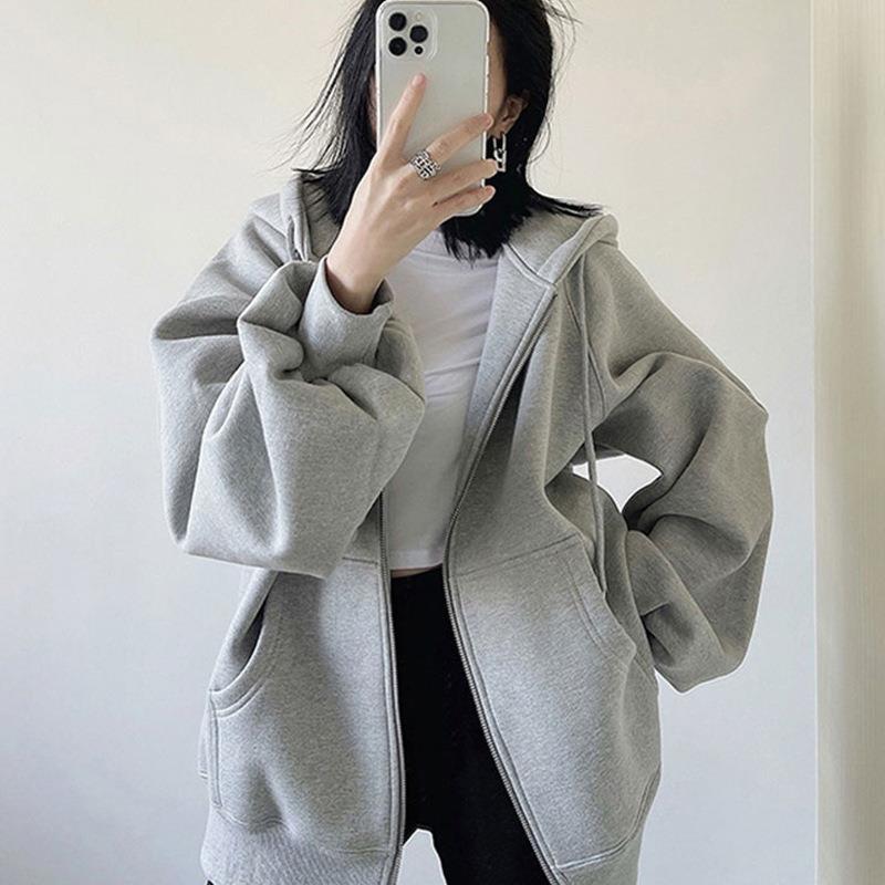 Unisex Solid Color Zip Up Hooded Jacket Oversized Loose Long Sleeve Casual Hoodie Outerwear