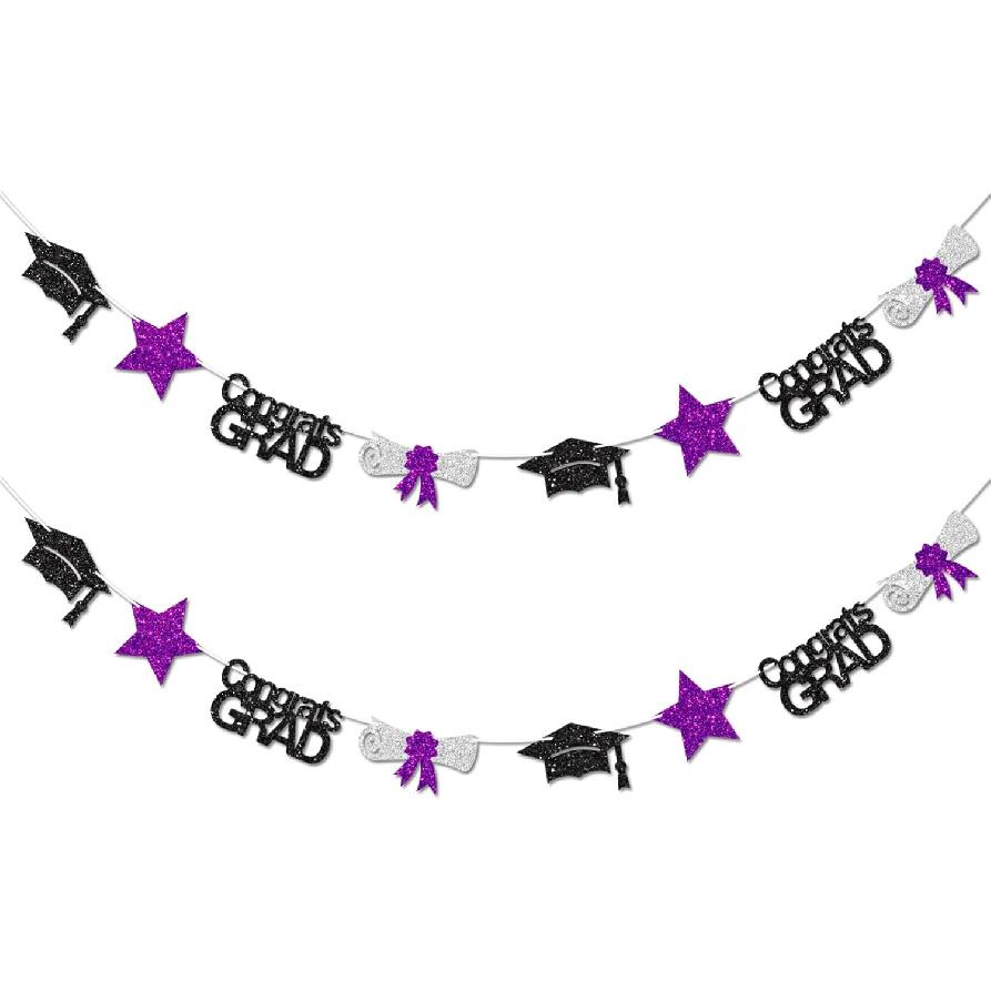 Black and Red Congrats Grad Banner Graduation Decorations Class of 2026 Glitter Star Grad Cap Certificate Bunting Garland for Graduation Party