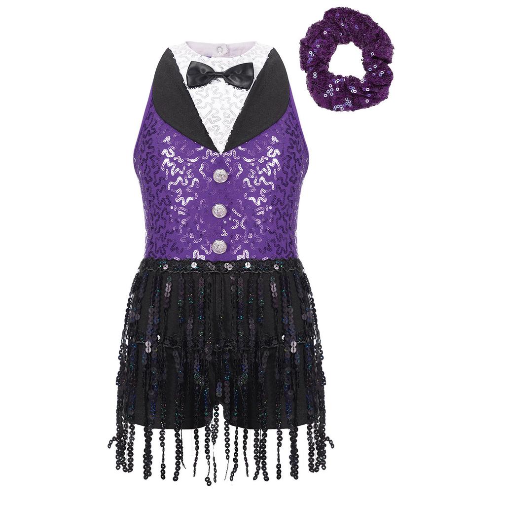 Meisjes Glanzende Pailletten Leotard Jurk Keyhole Achterkant Kwastjes Mouwloos Latijnse Jazz Hoofddeksel Set