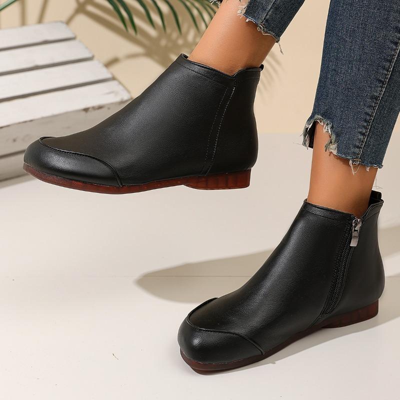 Women's Fashion Boots Round Toe Flat Sole Side Zipper Short Boots Classic Retro Comfortable Soft Sole Plus-size Women Shoes