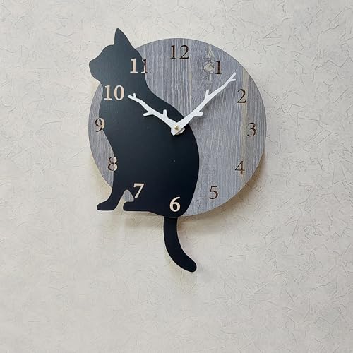 Black Cat Wall Clock with Pendulum, Natural Wood Design, Stylish Cat Lover's Gift, Cat Motif, Nordic Style Interior, Cute Accessory with Wagging Tail