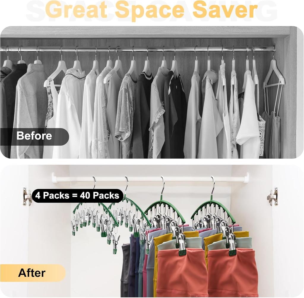 Organizér na legíny do skříně, Kovové věšáky na jógové kalhoty s 10 klipy, Závěsný organizér do skříně pro úsporu místa s pogumovanými organizéry a úložnými prostory do skříně