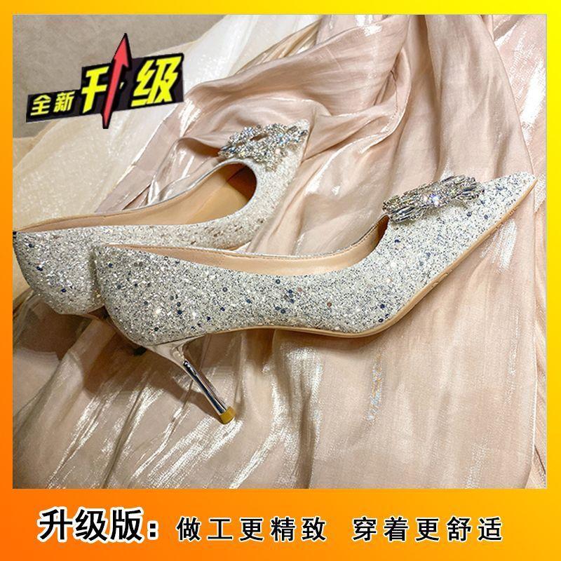 Main Wedding Dress Silver Bridal Wedding Shoes New Stiletto Sequins Engagement Not Tired Feet Crystal Shoes High Heels Rhinestones