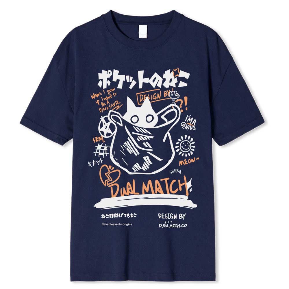 Fashion Hip Hop T-Shirt Unisex Streetwear Japanese Kanji Funny Cat Print Tshirt Unisex Harajuku Cotton Casual Short Sleeve Tshirt Tops