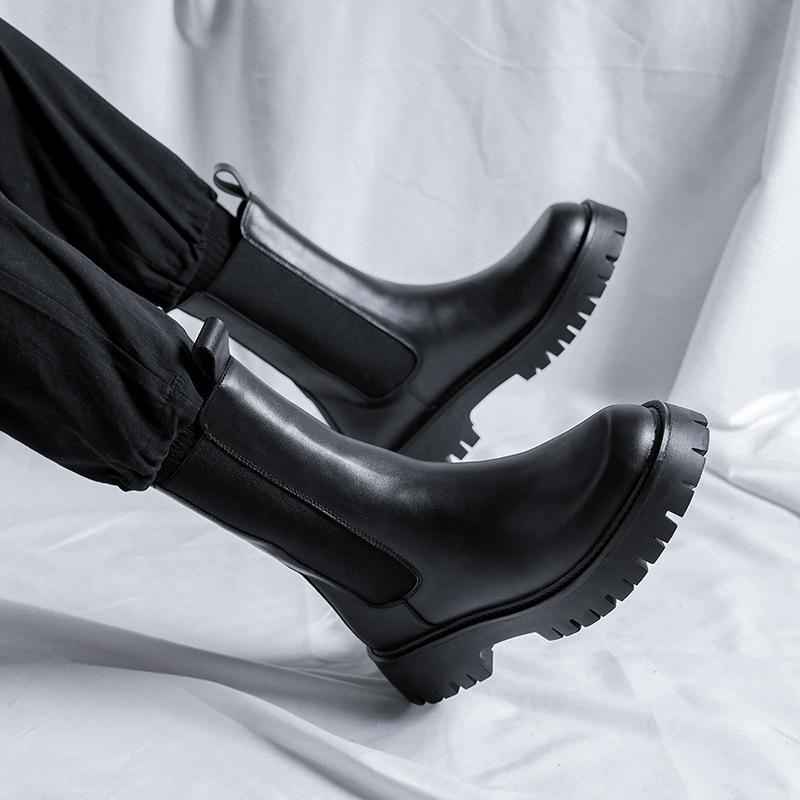 England Stil Herrenstiefel schwarz Tide weiches Leder Plateauschuhe Bühne Nachtclub Kleid hohe Stiefel gutaussehend Chelsea lang botas mans