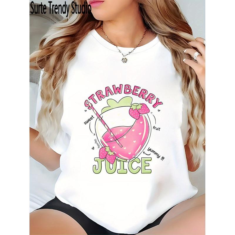 Women S 100% Strawberry Juice Graphic T-Shirt | Cute Strawberry & Lemon Slice Print with Playful  Strawberry Juice  Lettering S белый