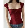 Women Red Square Neck Lace Trim Bow Detail Short Sleeve Slim Fit Casual Blouse