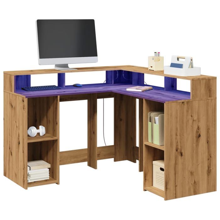 VidaXL Bureau avec lumières LED chêne artisanal bois d'ingénierie, bureau d'ordinateur, bureau d'écriture, meuble de bureau 3309455