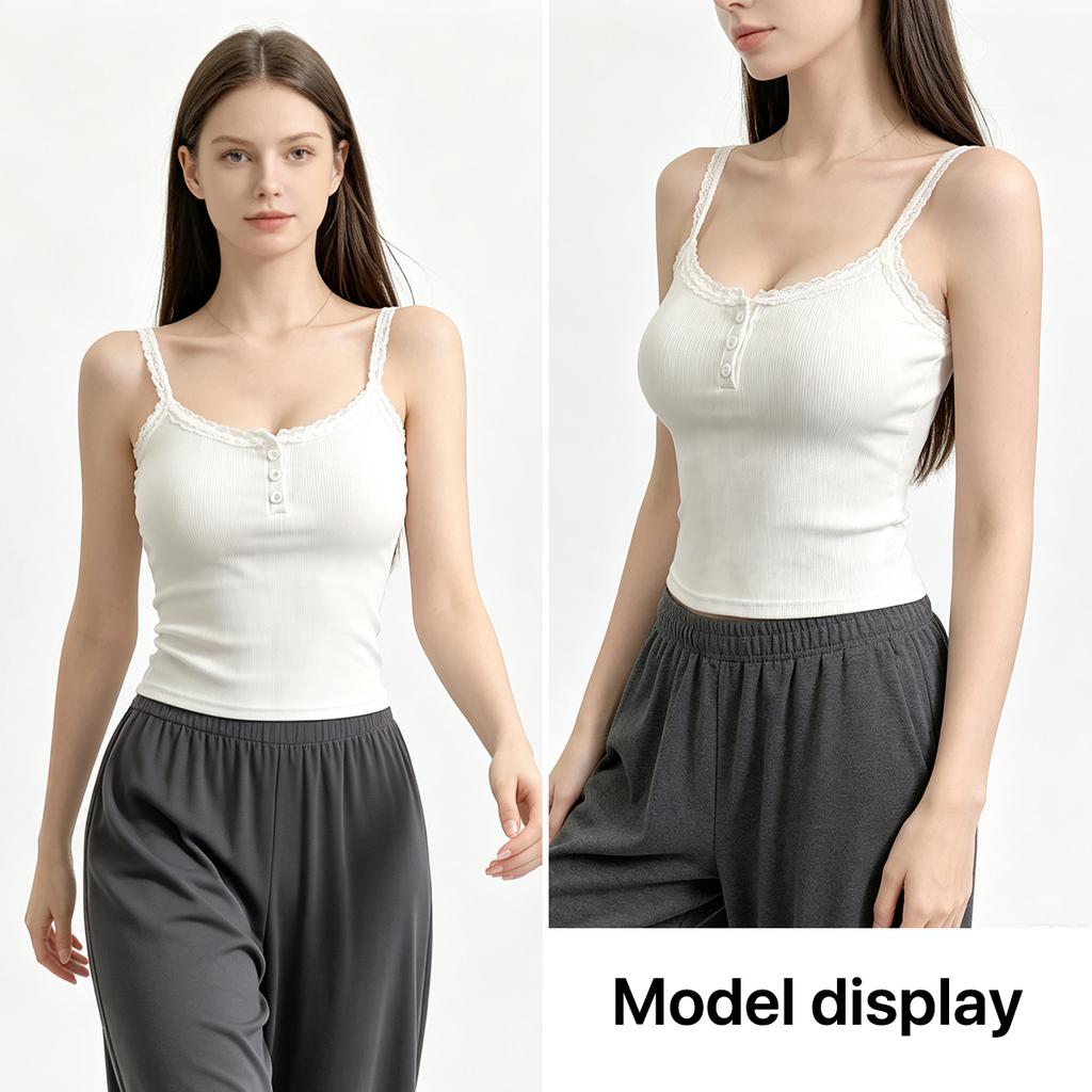 Women's Ribbed Lace Camisole with with Built-in Bra Pads and Buttons,Slim Fit Tank for Women