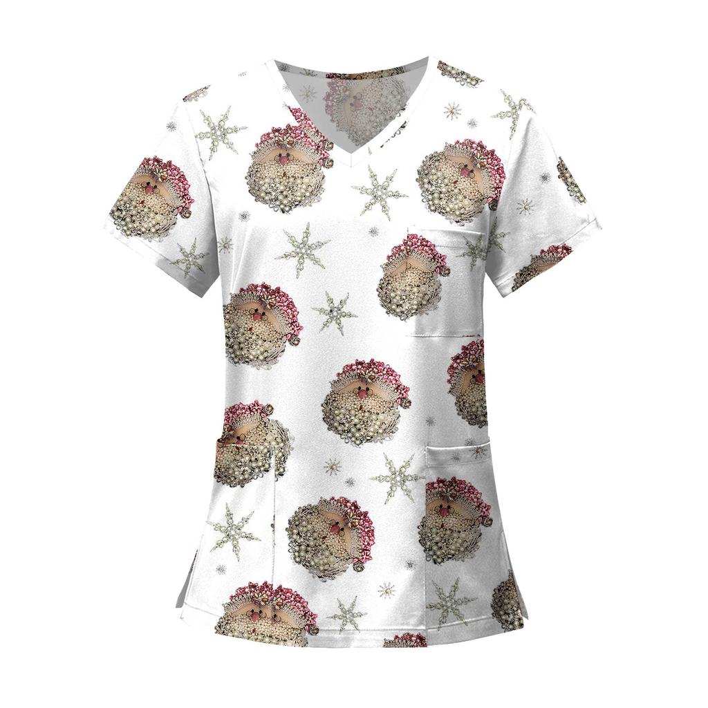 Women's Fashion Printed Short Sleeve V Neck Pattern Tops Pocket Working T-shirts
