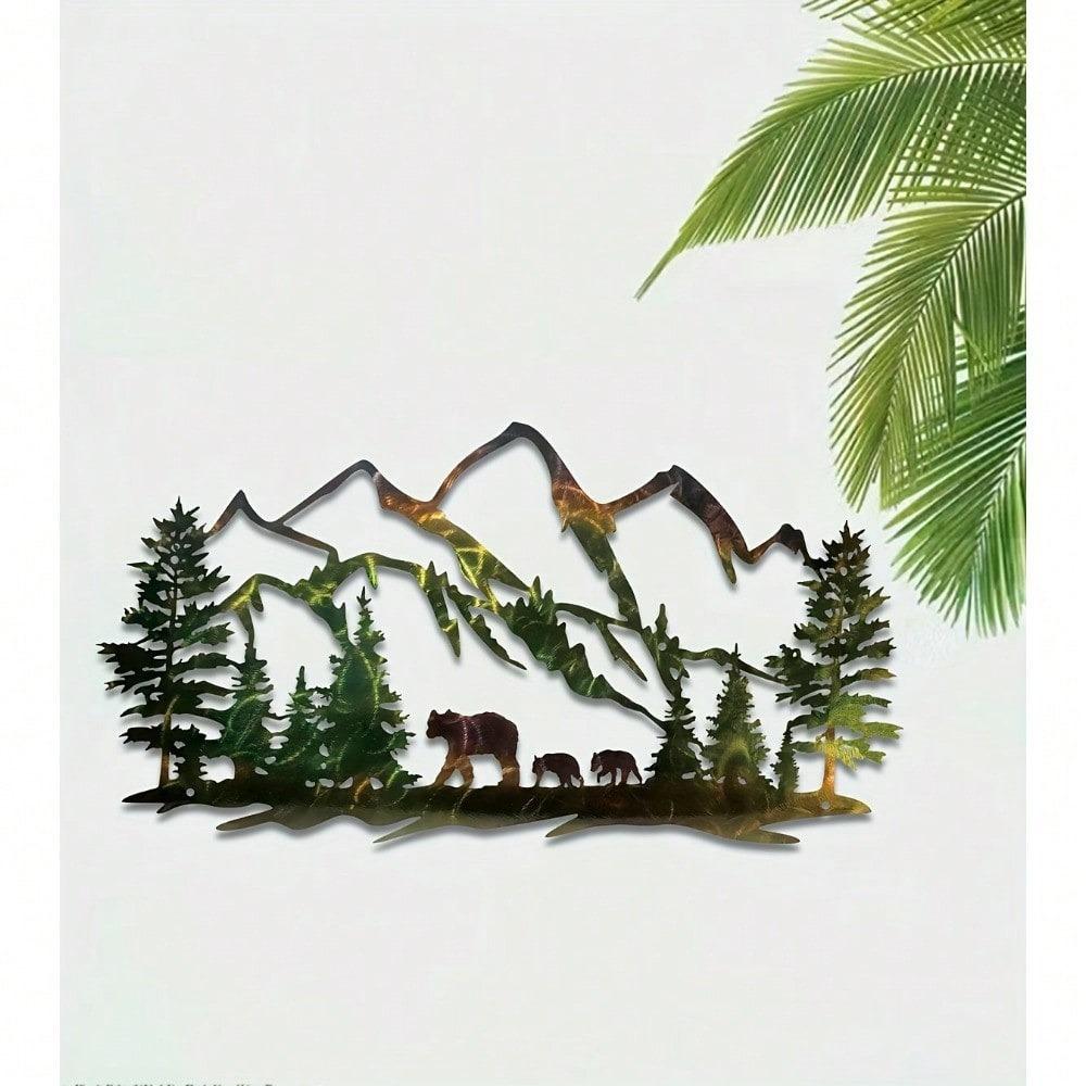 Metal Forest Wall Art Bear and Mountain Silhouette, Iron Home Decor, Indoor Outdoor Garden Decoration, Housewarming Gift