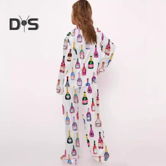 Dámské pyžamo s dlouhým rukávem a knoflíky na láhev šampaňského, košile a kalhoty na spaní, ležérní sada s potiskem sklenic na víno, 2dílná sada domácího oblečení