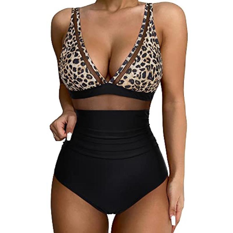 One-piece swimsuit sexy cutout mesh deep V gather perspective bikini bikini swimsuit