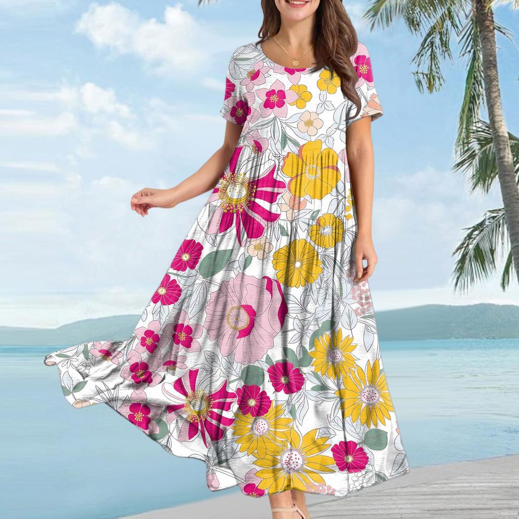Women Casual Loose Bohemian Floral Dress Short Sleeve Long Maxi Summer Beach Swing Dress