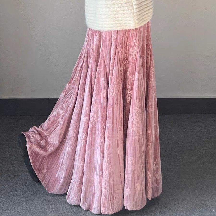 Retro Women's Velvet Long Skirt  Printed Velvet Skirt Autumn and Winter Thick Flared A-Line Skirt