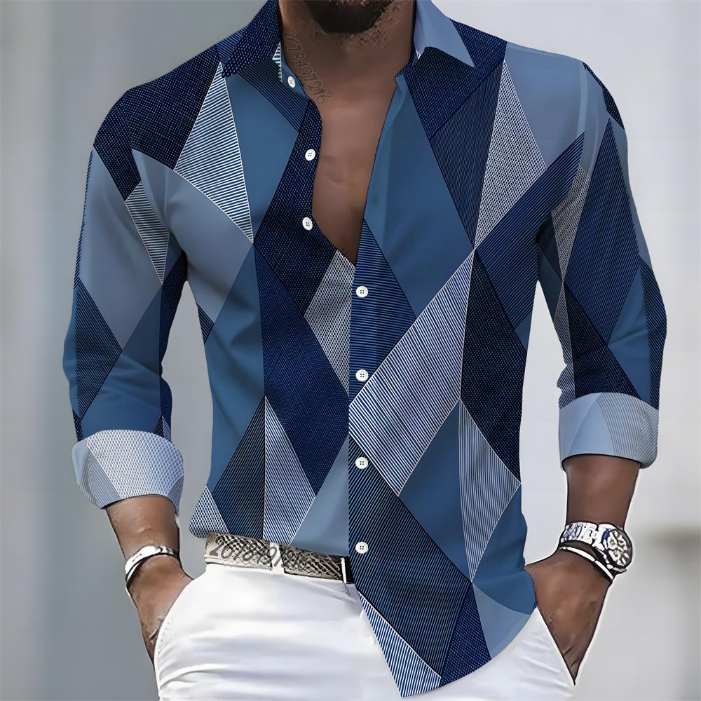 Men's Artistic Printed Long-Sleeved Shirt, Retro Color-Blocked Design, Casual Shirt, Versatile and Stylish Top for Commuting