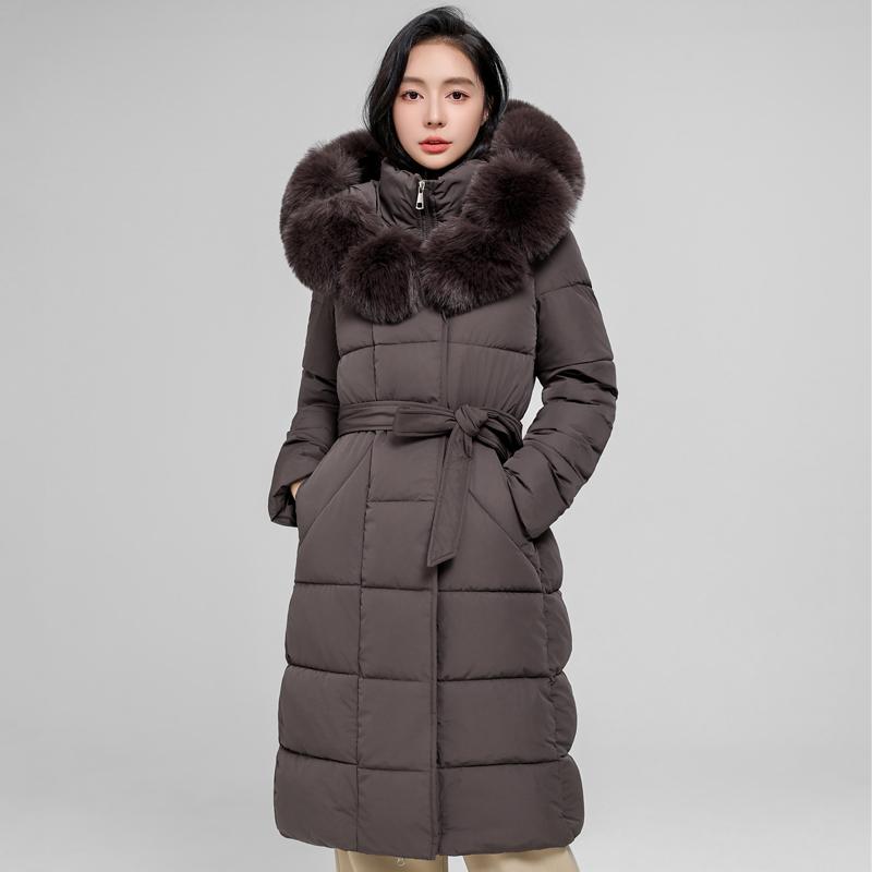 Dam Vinter Långa Kappor Med Huva Stor Fuskpäls Krage Elegant Tjock Varm Vinterparkas Kvinnlig Jacka Med Bälte
