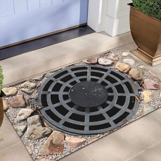 3D Bottomless Manhole Rug Optical Illusion Floor Mat Non-Slip Visual Trap Door Mat for Entrance Playroom Living Room Decoration