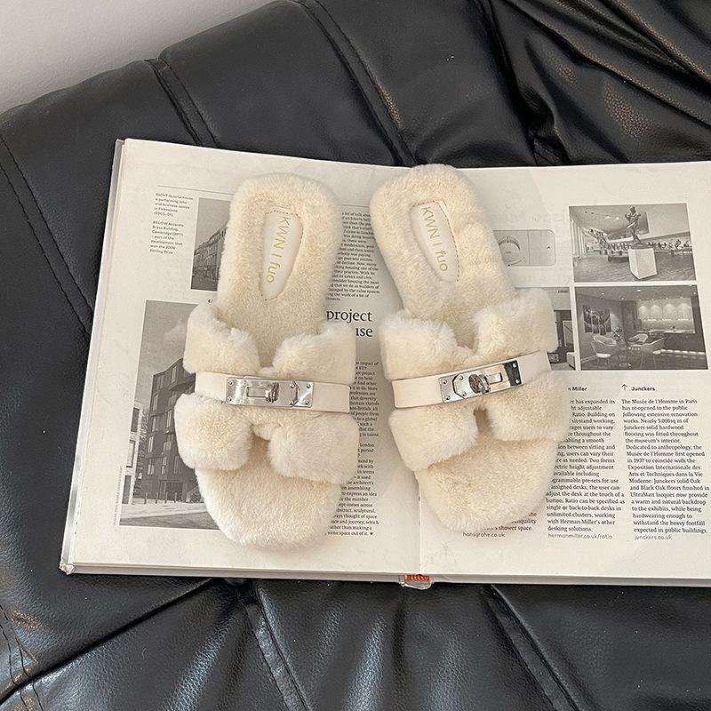 2025 Autumn and Winter Fashion Simple Belt Buckle Internet Celebrity Fluffy Slippers Women Wear Casual Thick-soled One-word Cotton Shoes