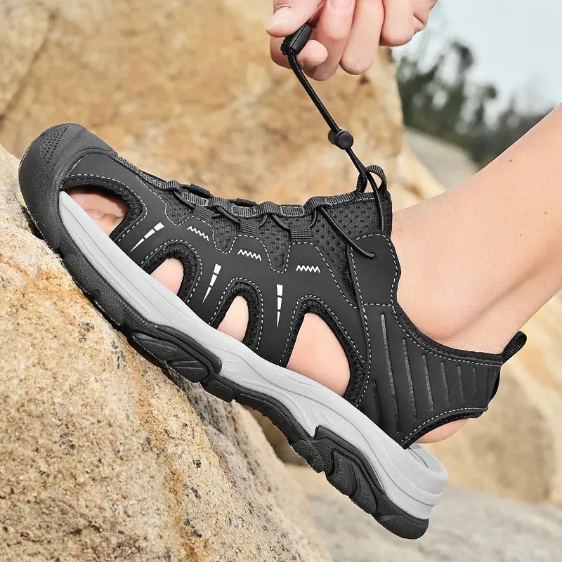 Men's Leather Sandals Summer Outdoor Hiking Shoes Water Wading Anti Slip Toe Wrapped Beach Shoes Size 38-45