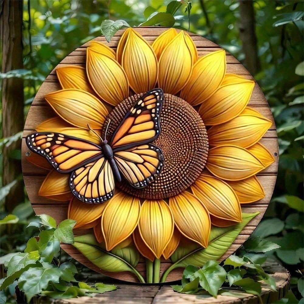 

Round Metal Wall Art 20x20 cm Sunflower Butterfly Design Waterproof Rustproof Outdoor Decoration Housewarming Gift