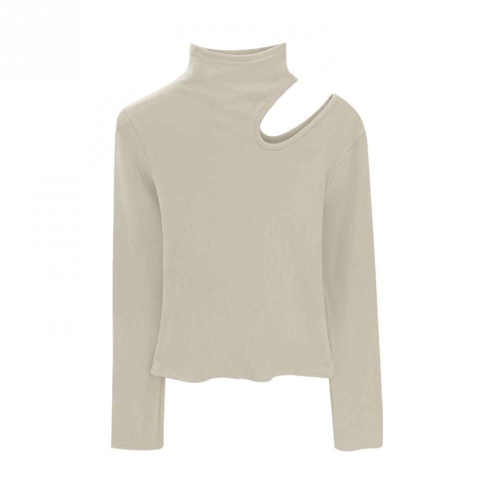 Koreanisches Schlank geschnittenes High-Neck-T-Shirt mit Aussparungen, weiß, langärmlig - Herbst/Winter 2025