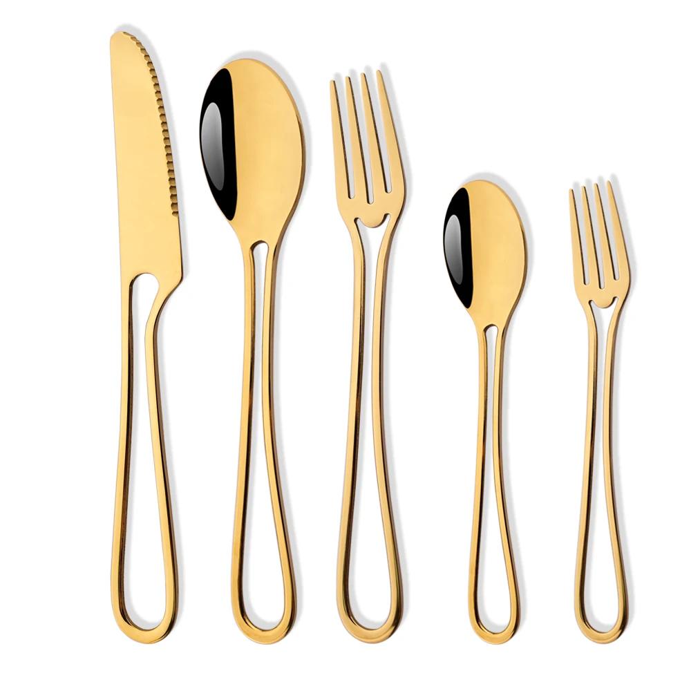 5Pcs Knife Fork Spoon Flatware Set Rainbow Hollowed Out Handle Dinnerware Set Stainless Steel Western Food Suit Silverware Set