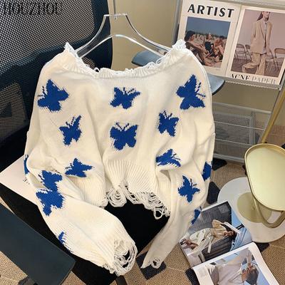 HOUZHOU Farfalla Maglione Donna Coreana Lavorato a Maglia Harajuku Dolce Oversize Casual con Spalle Scoperte Maglione Allentato Y2K Top Corti