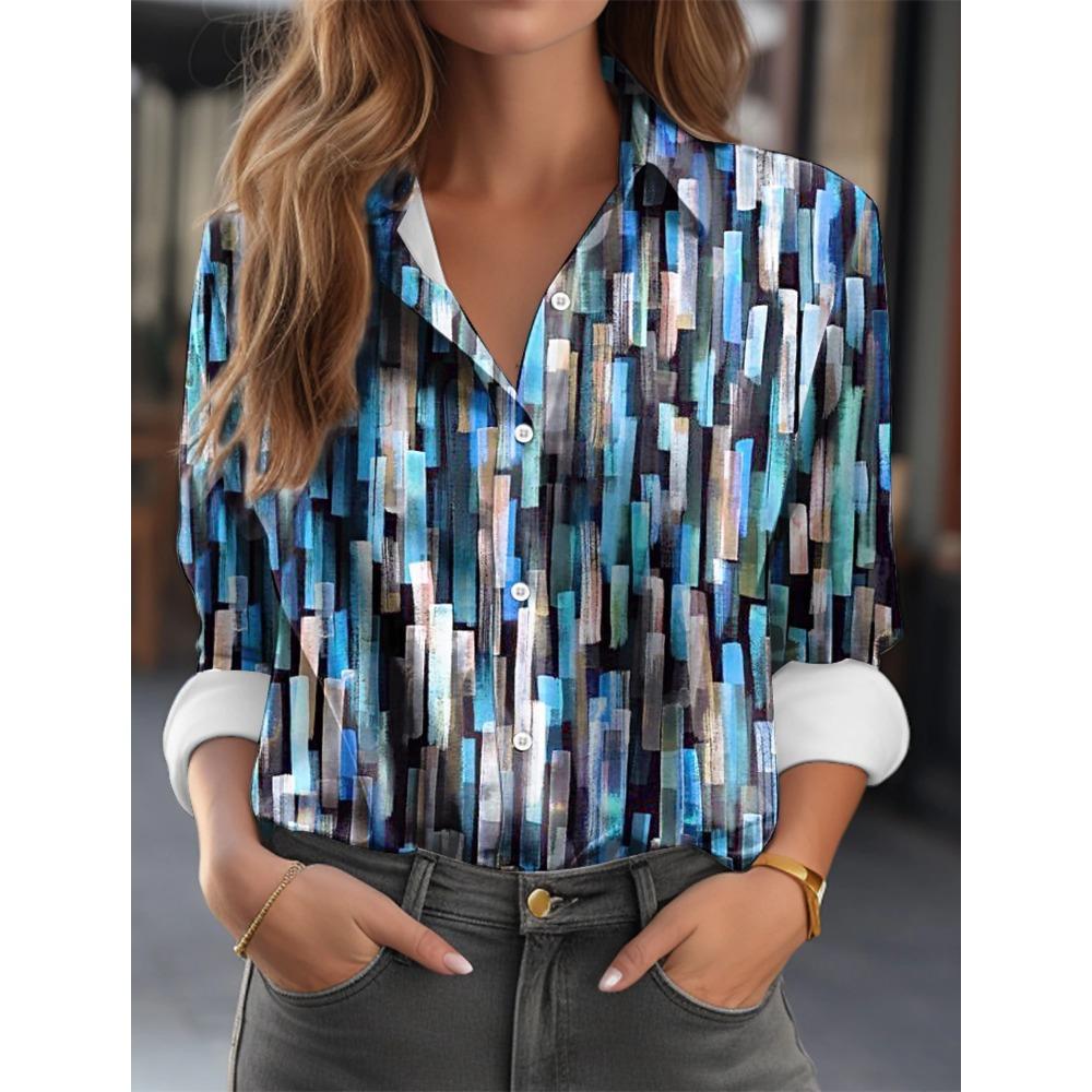 Fashion Multicolour Geometric Splicing Pattern 3D Print Women's Long Sleeves Shirt Autumn Women's Holiday Shirt Women's Clothing