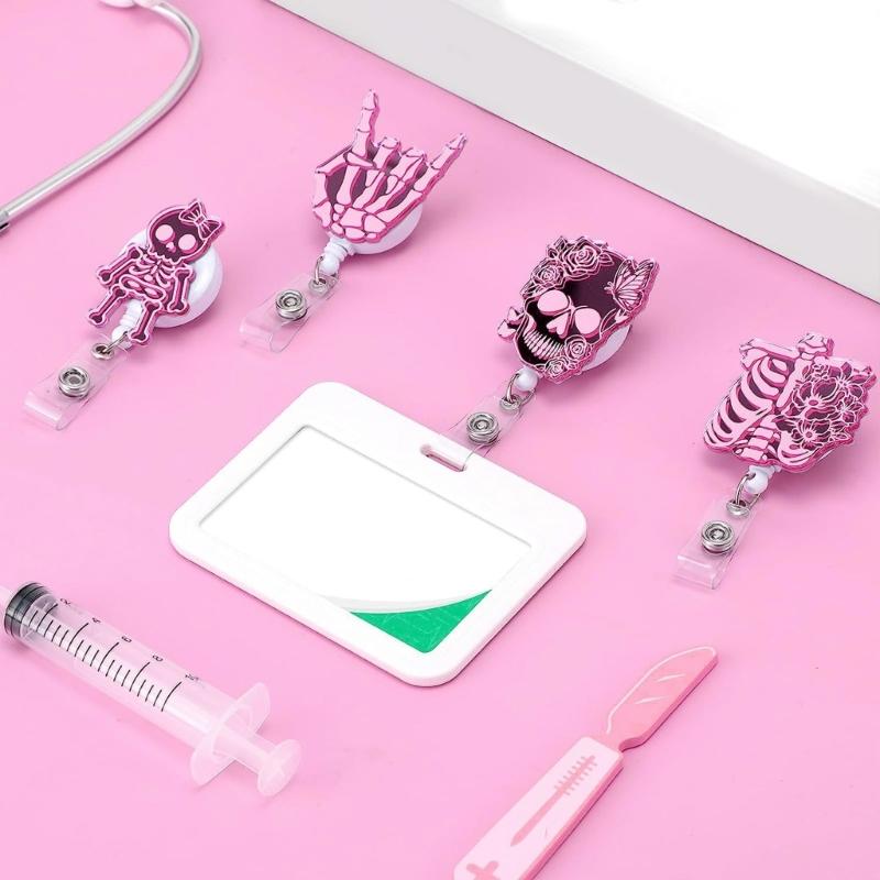 Retractable Keychain Name Card Holder Acrylic Carabiner Holder Skull Name Card Holder ID Badge Holder for Office School