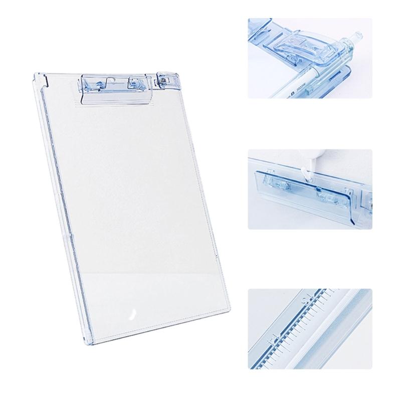 Acrylic Clipboard with Measuring Scale and Pen Clip 12.8x9In Standing Desk Clipboard Conference Writing Board for Office