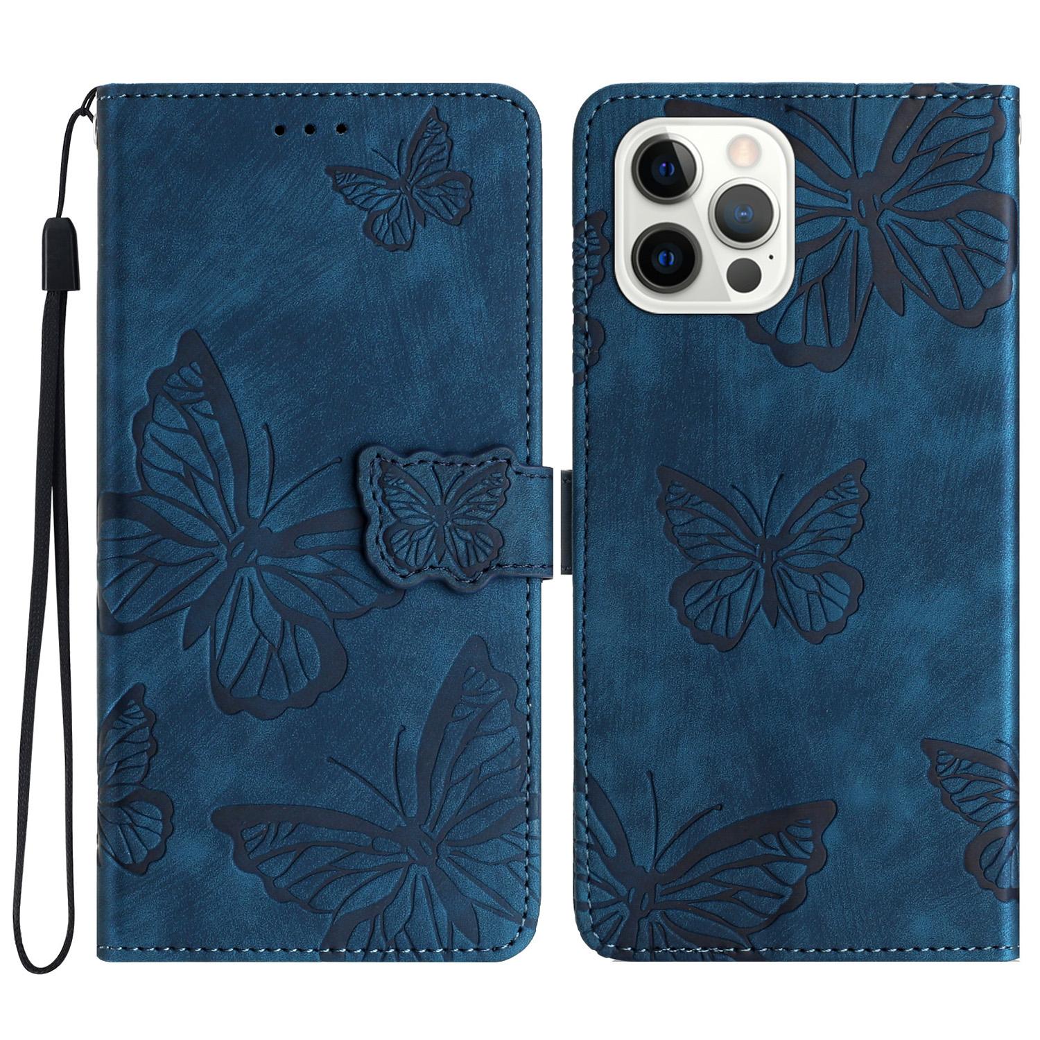 

For iPhone 16 Pro Case Wallet Butterfly PU Leather Phone Cover Stand Card Holder Blue