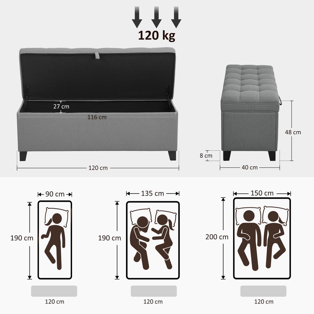 Storage Bench, Upholstered Bench 120x40x48 Cm with Safety Hinges, Linen Look, Dark Gray