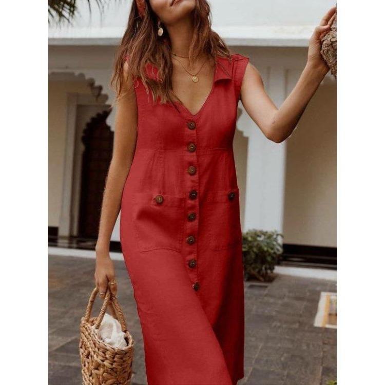 Casual Dresses - Women Loose Fit Plus Size Summer Sleeveless Dress Casual Solid Color V Neck Tunic Dress