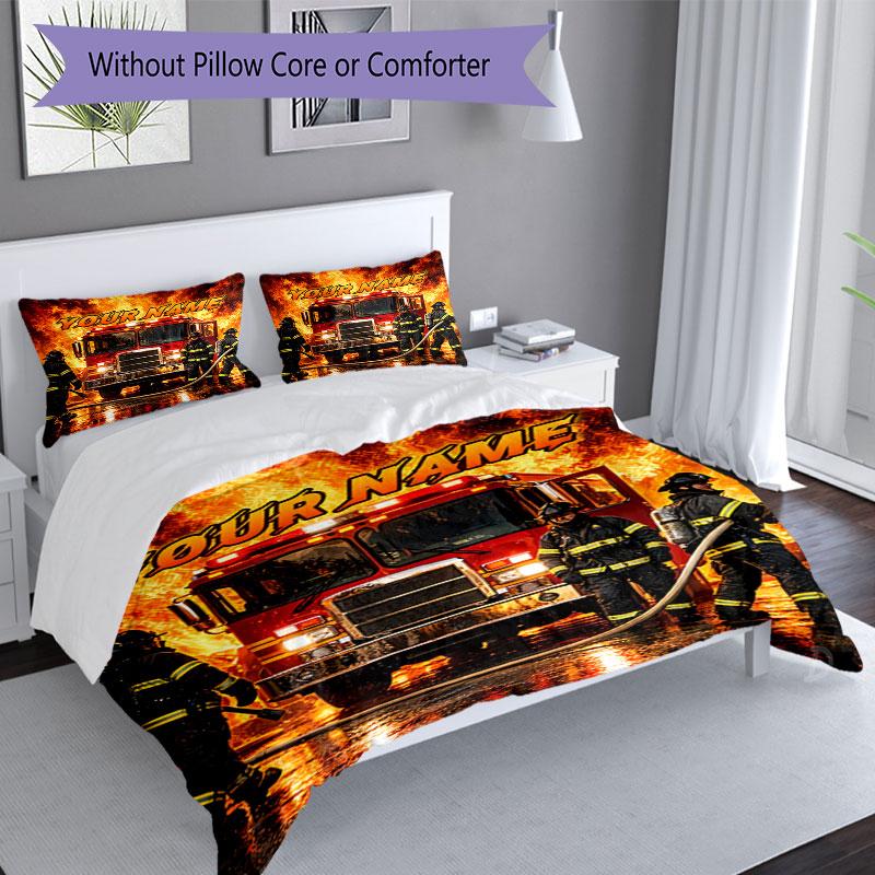3PC Custom Name Firefighters Bravery Flames Bedding Set Duvet Cover Closure Includes 1 Duvet Cover & 2 Pillowcases for Bedroom