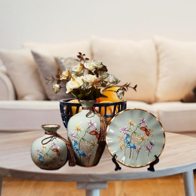 Set of 3 Ceramic Vases and Tray Gift Set Modern Design Decorative Flower Container for Office Desk Bookcase Display