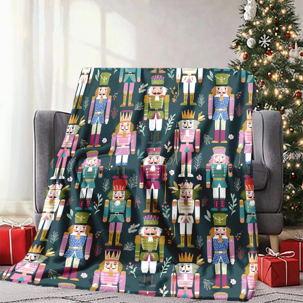 [Cozy Nutcracker Blanket] Soft Nutcracker Christmas Flannel - 1pc All-Season Throw with Clara Soldiers, Pink Golden Decor