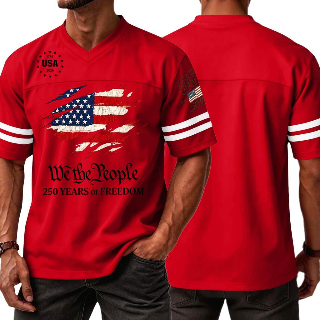 Men's V Neck Short Sleeve Sports T Shirt with 250 Years of Print Casual Jersey Style Top for Independence Day