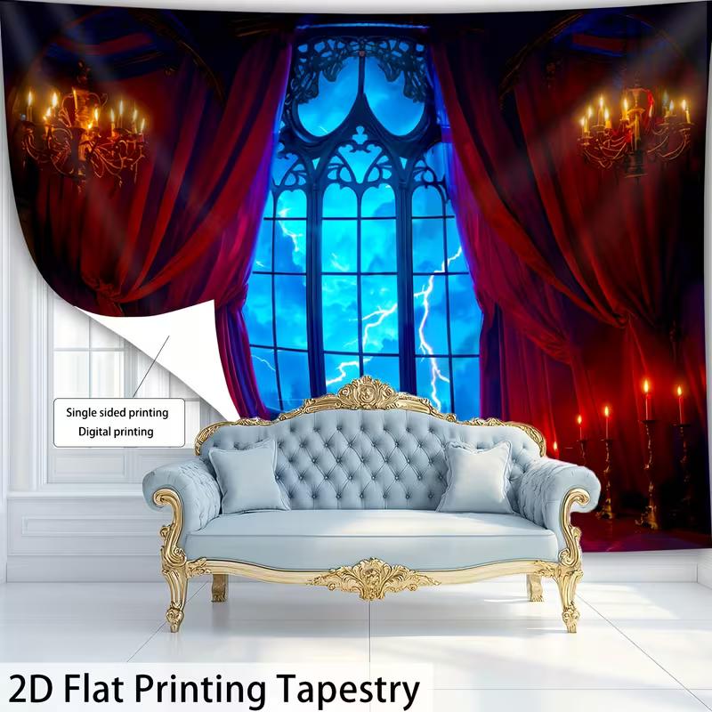 2D Dark Storm Night Tapestry Gothic Window Lightning Wall Background Cloth