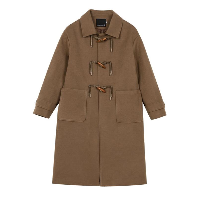 Fashion Design Cow Horn Buckle Tweed Jacket Female Autumn and Winter Tweed Coat Small Son In The Long Section