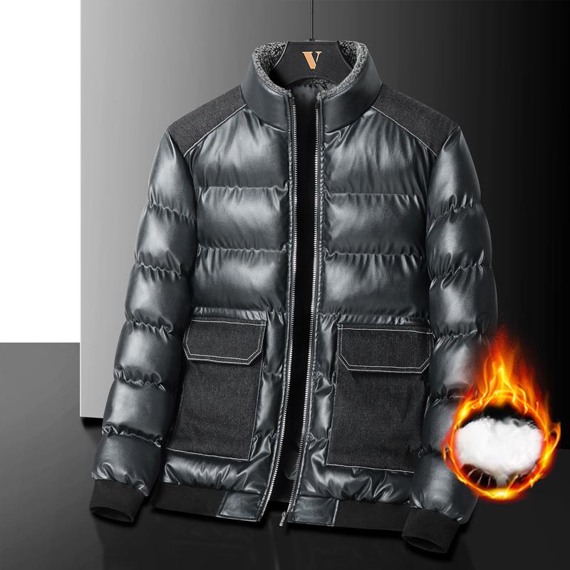 

Новое мужское утолщенное хлопковое пальто, для молодежи и среднего возраста, облегающее, с воротником-стойкой, из искусственной кожи, с большим карманом, хлопковое пальто для мужчин, модное 5XL