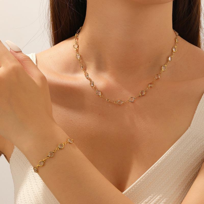 Gold Plated Clear CZ Jewelry Set, Dainty Oval Cut Zircon Necklace & Bracelet, Luxury Minimalist Jewelry Set for Women Gift