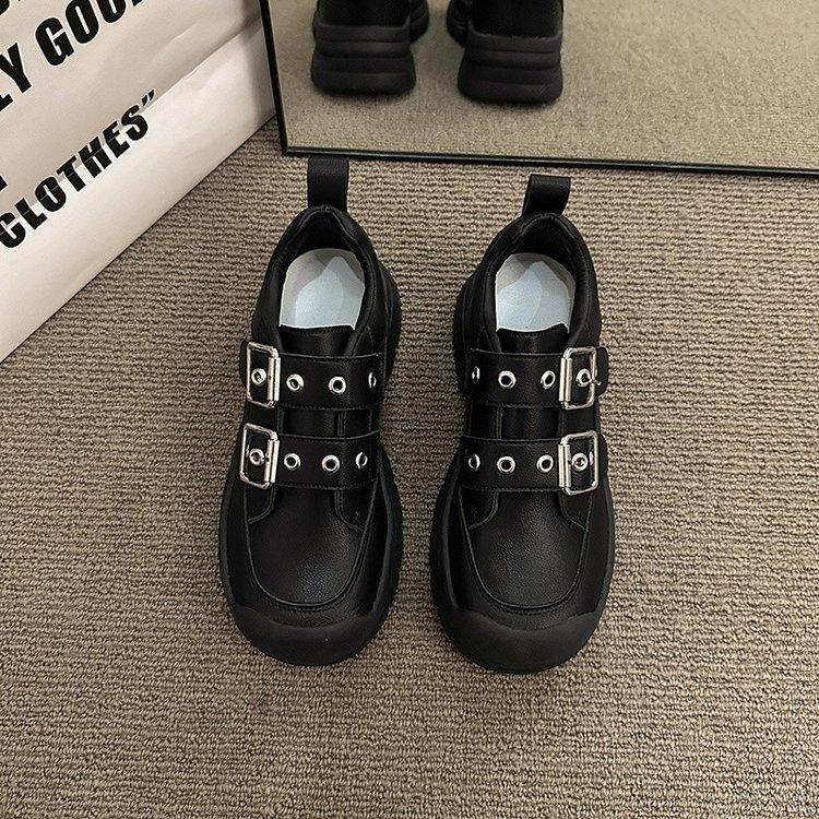 Buckle Small Leather Shoes for Women Autumn New Thick Bottom Heightened Single Layer Shoes Women Sweet Cool Color Matching Pu Set Feet Loafers