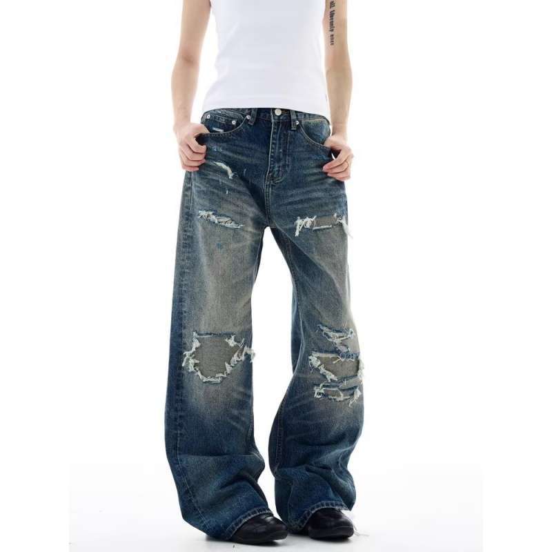 JYL Men s Straight Jeans Plaid Star Patch American Vintage Loose Denim Pants M