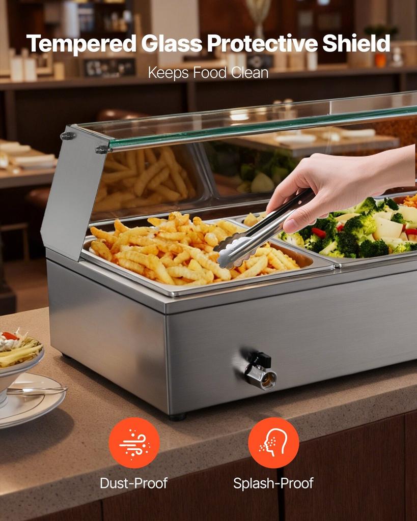 Commercial Food Warmer, 1500W Electric Stainless Steel Steam Food Warmer with Glass Cover, Countertop Buffet Bain Marie with Three 1/2 Size Food Pans,