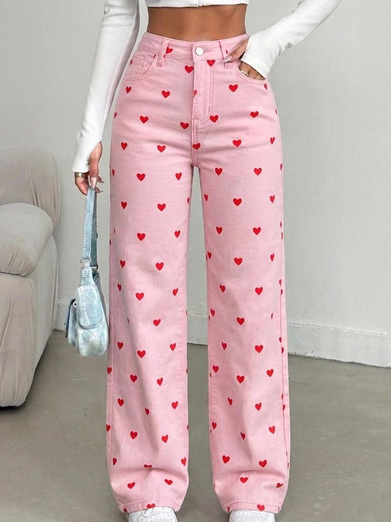 Women's White Heart Denim Pants - High Stretch, Slim Fit, Wide Leg