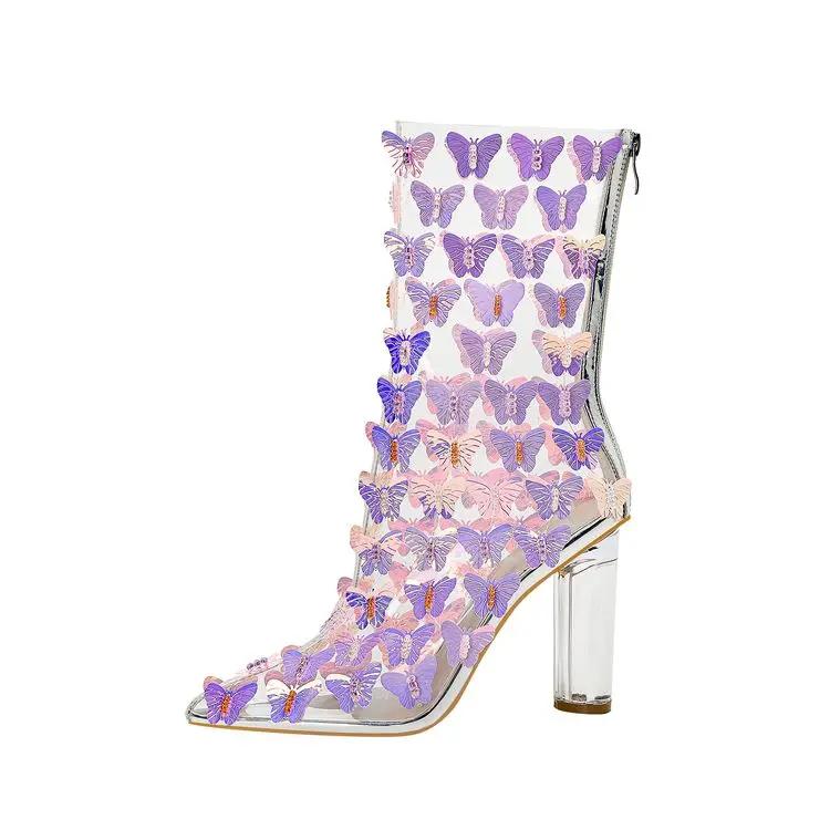 Fashion New White Transparent Sequin Butterfly String Beads Crystal Heel Short Boots Fashion Hot Girl Party Pole Dance Women's Boots 43