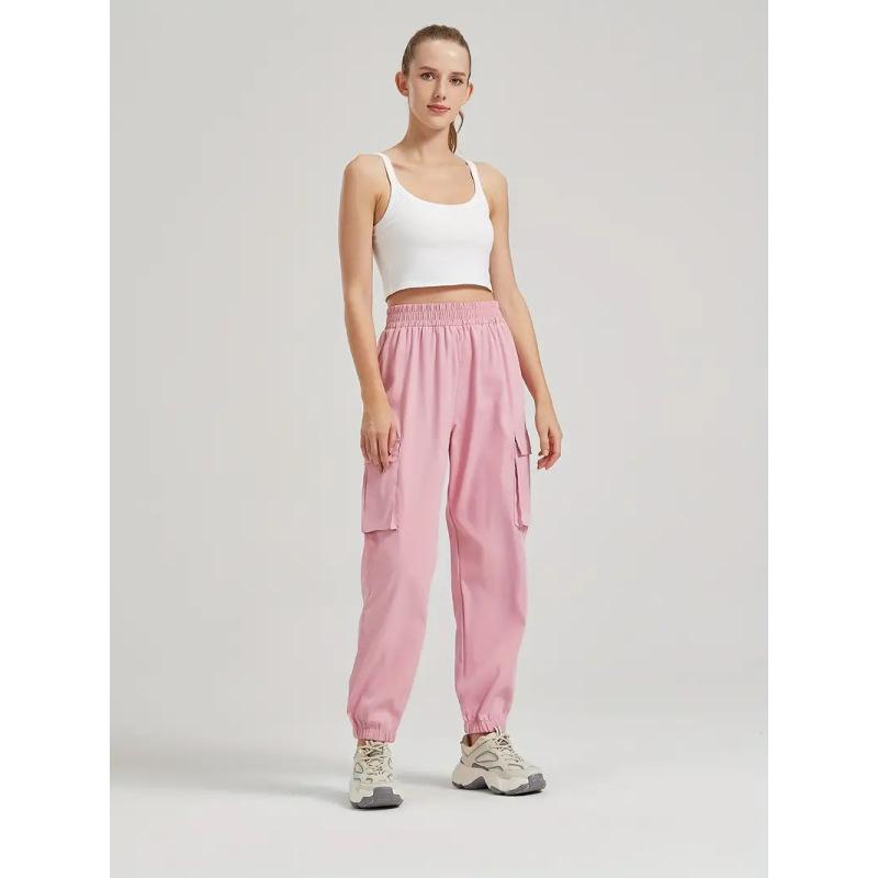 Women s Solid Color Casual Cargo Pants Loose High Waist Pocket Sweatpants Clothes Sale S розовый