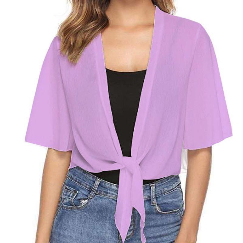 

Летняя мода с коротким рукавом женская рубашка с V-образным вырезом однотонная шифоновая блузка повседневная свободная простая элегантная короткая женская одежда S фиолетовый