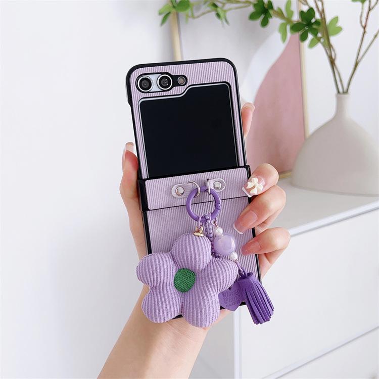 Applicable To Samsung ZFlip5 Mobile Phone Case Striped Leather Case Zflip4 Flower Mobile Phone Lanyard All-inclusive Anti-drop Protective Case